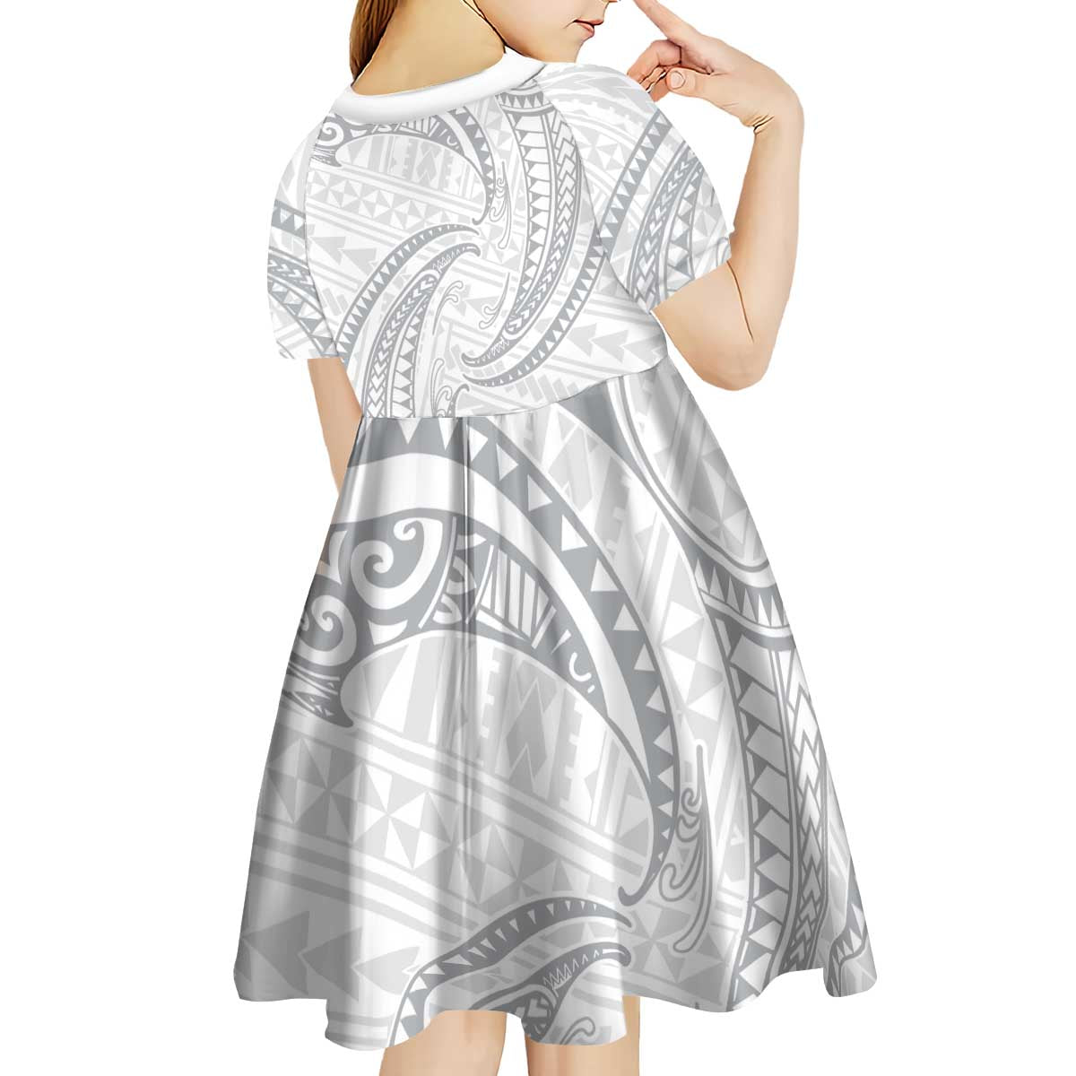White Sunday Lotu Tamaiti Kid Short Sleeve Dress Polynesian Wave Pastel Gray - Polynesian Pride