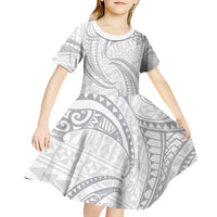 White Sunday Lotu Tamaiti Kid Short Sleeve Dress Polynesian Wave Pastel Gray - Polynesian Pride