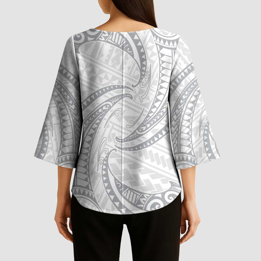 White Sunday Lotu Tamaiti Kimono Sleeve Blouse Polynesian Wave Pastel Gray - Polynesian Pride