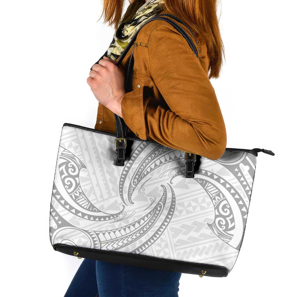 White Sunday Lotu Tamaiti Leather Tote Bag Polynesian Wave Pastel Gray - Polynesian Pride
