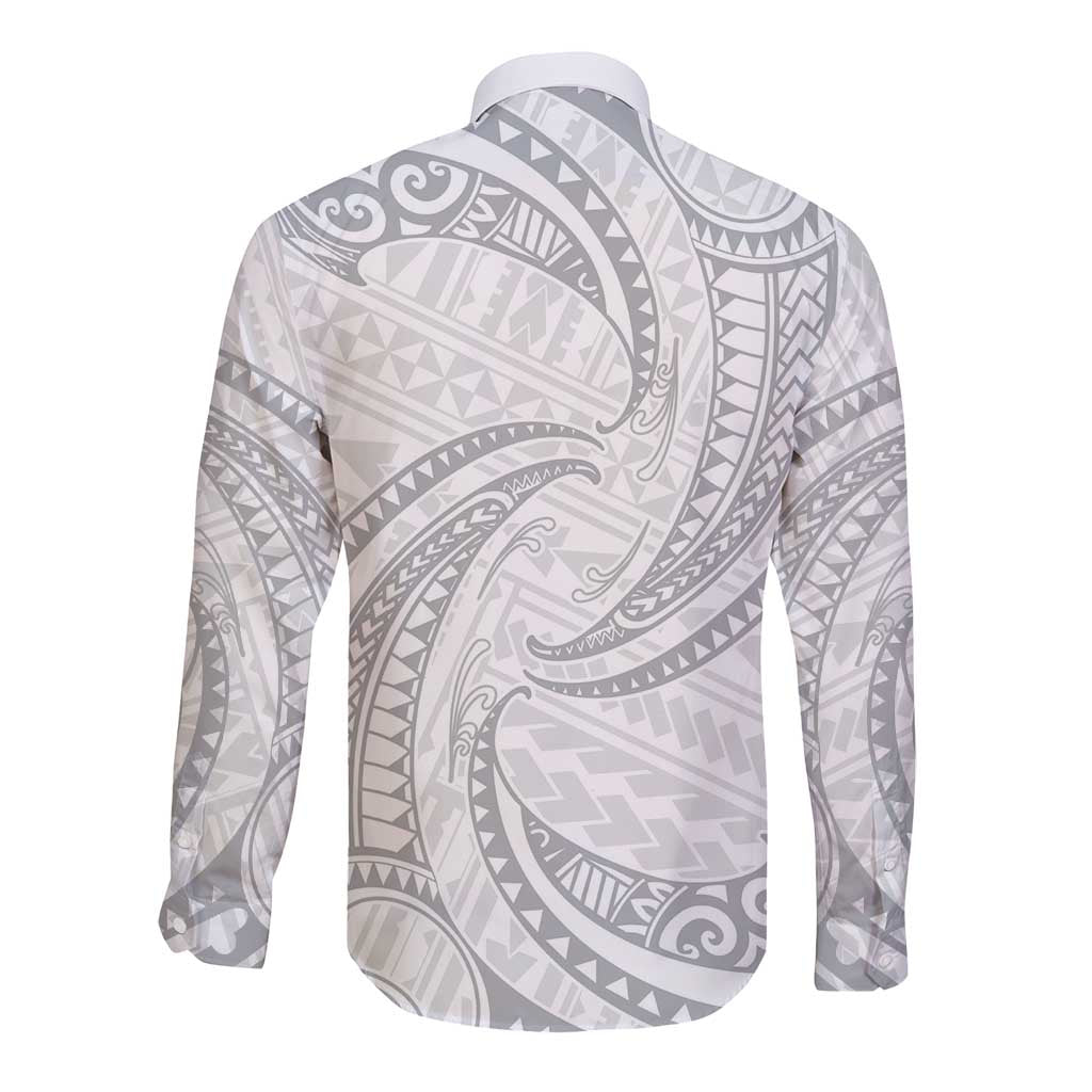 White Sunday Lotu Tamaiti Long Sleeve Button Shirt Polynesian Wave Pastel Gray - Polynesian Pride