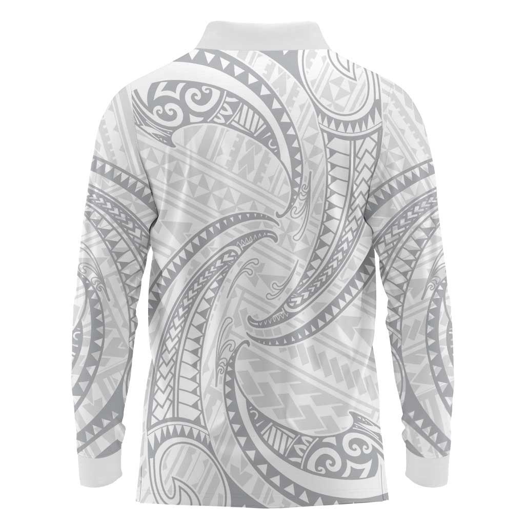 White Sunday Lotu Tamaiti Long Sleeve Polo Shirt Polynesian Wave Pastel Gray - Polynesian Pride