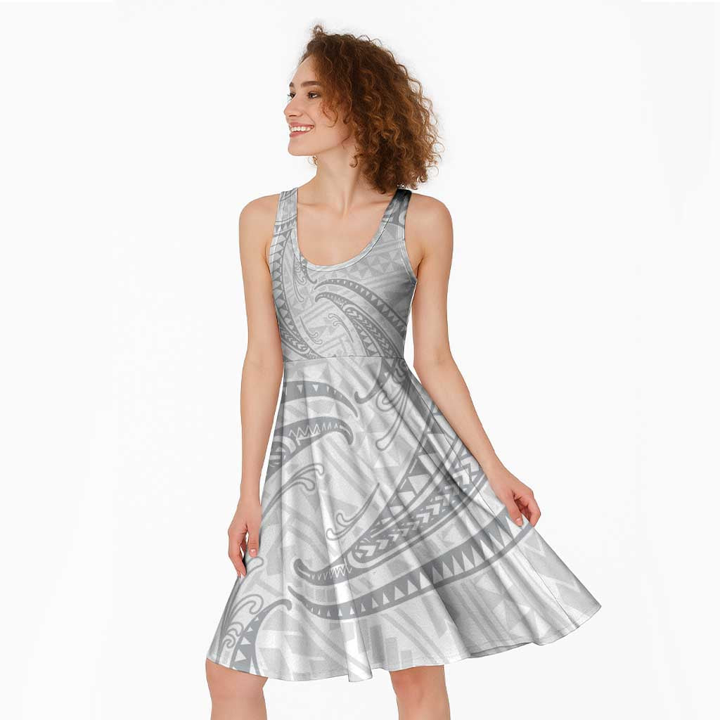 White Sunday Lotu Tamaiti Midi Dress Polynesian Wave Pastel Gray - Polynesian Pride