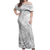 White Sunday Lotu Tamaiti Off Shoulder Maxi Dress Polynesian Wave Pastel Gray - Polynesian Pride