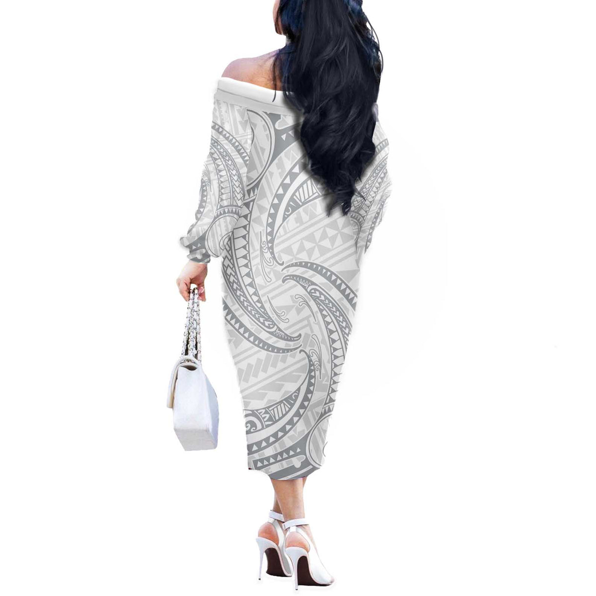 White Sunday Lotu Tamaiti Off The Shoulder Long Sleeve Dress Polynesian Wave Pastel Gray - Polynesian Pride