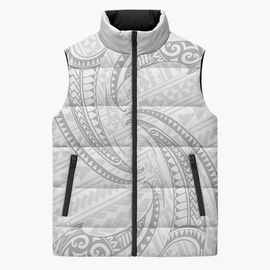 White Sunday Lotu Tamaiti Sleeveless Puffer Jacket Polynesian Wave Pastel Gray - Polynesian Pride