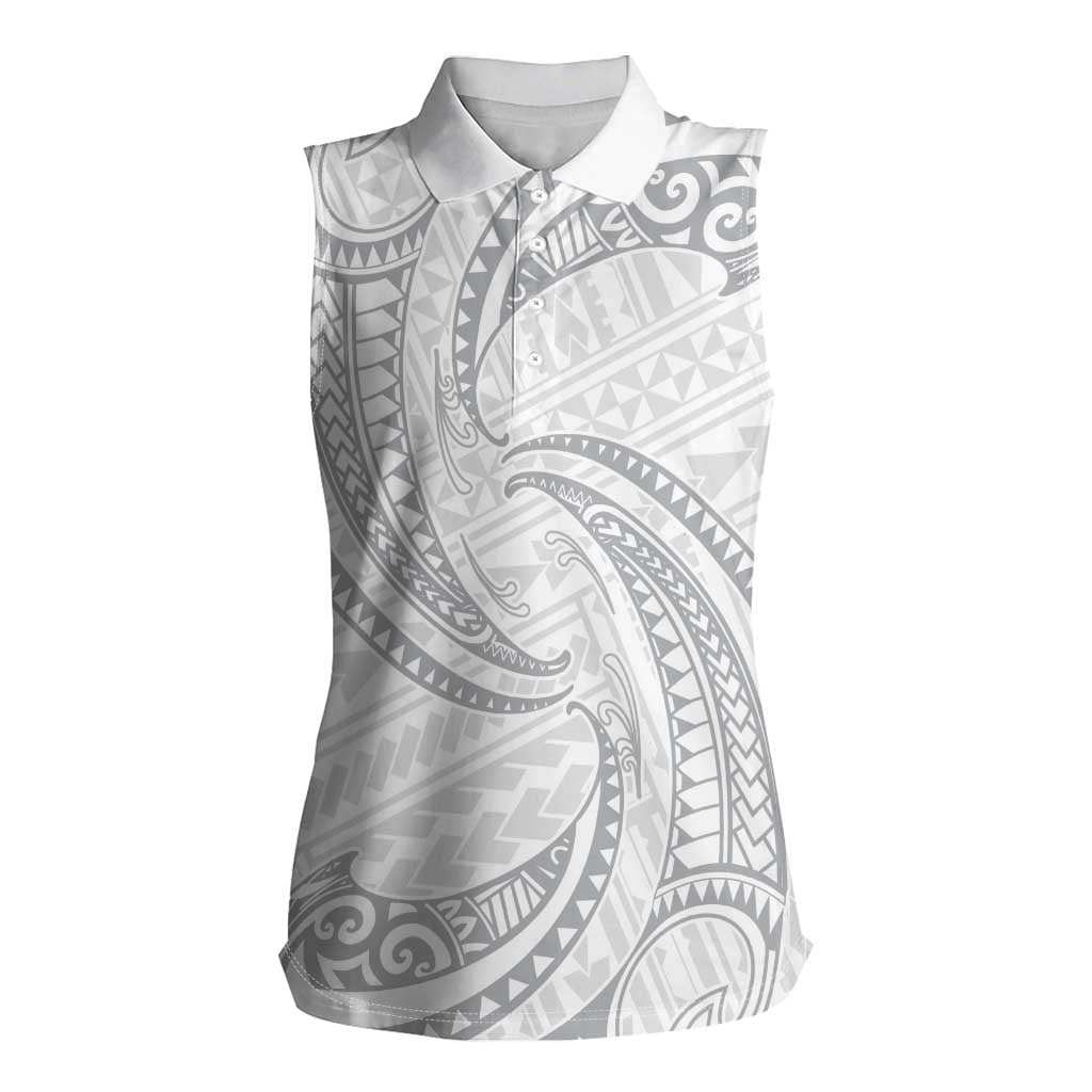 White Sunday Lotu Tamaiti Women Sleeveless Polo Shirt Polynesian Wave Pastel Gray - Polynesian Pride