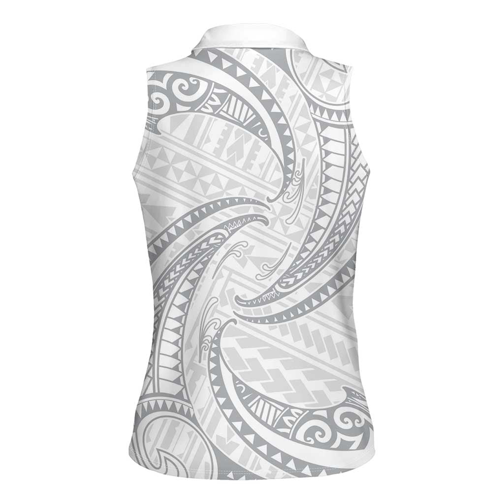 White Sunday Lotu Tamaiti Women Sleeveless Polo Shirt Polynesian Wave Pastel Gray - Polynesian Pride
