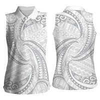 White Sunday Lotu Tamaiti Women Sleeveless Polo Shirt Polynesian Wave Pastel Gray - Polynesian Pride