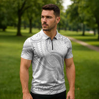 White Sunday Lotu Tamaiti Zipper Polo Shirt Polynesian Wave Pastel Gray - Polynesian Pride