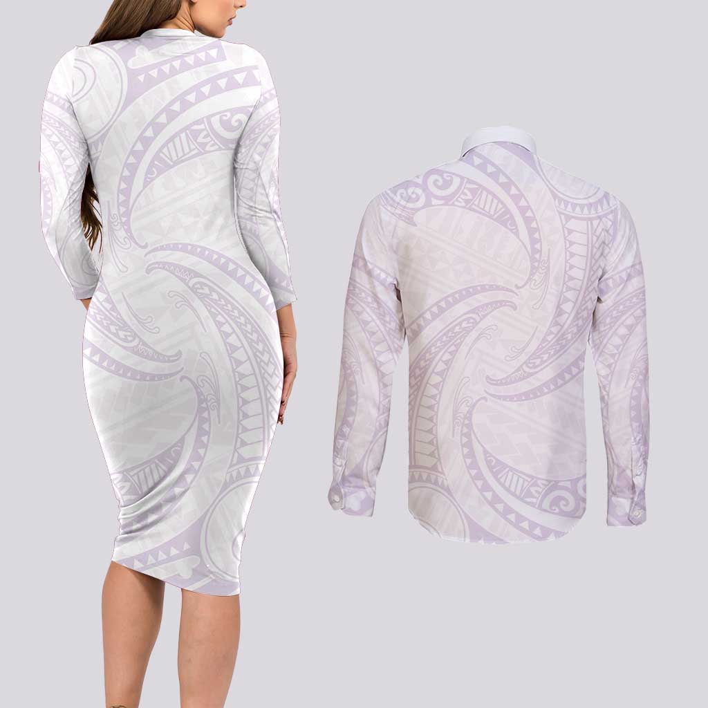 White Sunday Lotu Tamaiti Couples Matching Long Sleeve Bodycon Dress and Long Sleeve Button Shirt Polynesian Wave Pastel Mauve - Polynesian Pride