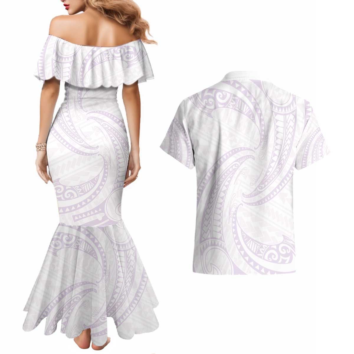 White Sunday Lotu Tamaiti Couples Matching Mermaid Dress and Hawaiian Shirt Polynesian Wave Pastel Mauve - Polynesian Pride