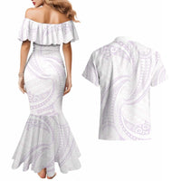 White Sunday Lotu Tamaiti Couples Matching Mermaid Dress and Hawaiian Shirt Polynesian Wave Pastel Mauve - Polynesian Pride
