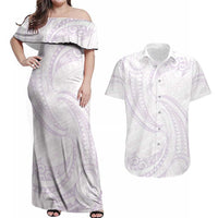 White Sunday Lotu Tamaiti Couples Matching Off Shoulder Maxi Dress and Hawaiian Shirt Polynesian Wave Pastel Mauve - Polynesian Pride