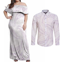 White Sunday Lotu Tamaiti Couples Matching Off Shoulder Maxi Dress and Long Sleeve Button Shirt Polynesian Wave Pastel Mauve - Polynesian Pride