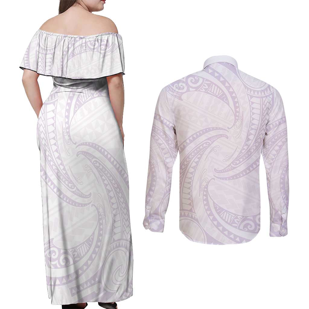 White Sunday Lotu Tamaiti Couples Matching Off Shoulder Maxi Dress and Long Sleeve Button Shirt Polynesian Wave Pastel Mauve - Polynesian Pride