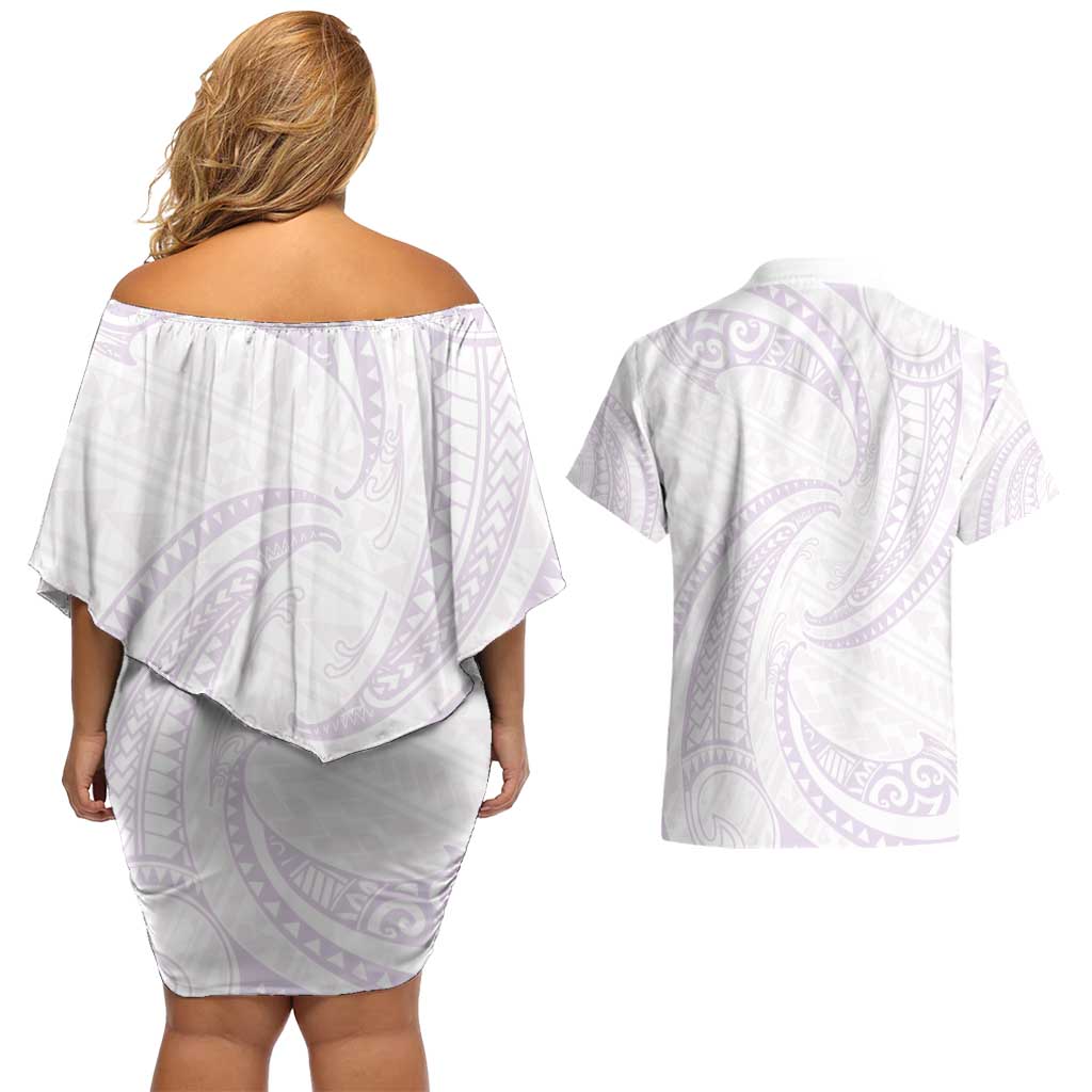 White Sunday Lotu Tamaiti Couples Matching Off Shoulder Short Dress and Hawaiian Shirt Polynesian Wave Pastel Mauve - Polynesian Pride