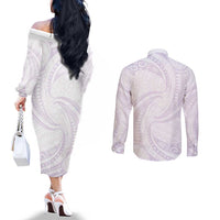 White Sunday Lotu Tamaiti Couples Matching Off The Shoulder Long Sleeve Dress and Long Sleeve Button Shirt Polynesian Wave Pastel Mauve - Polynesian Pride