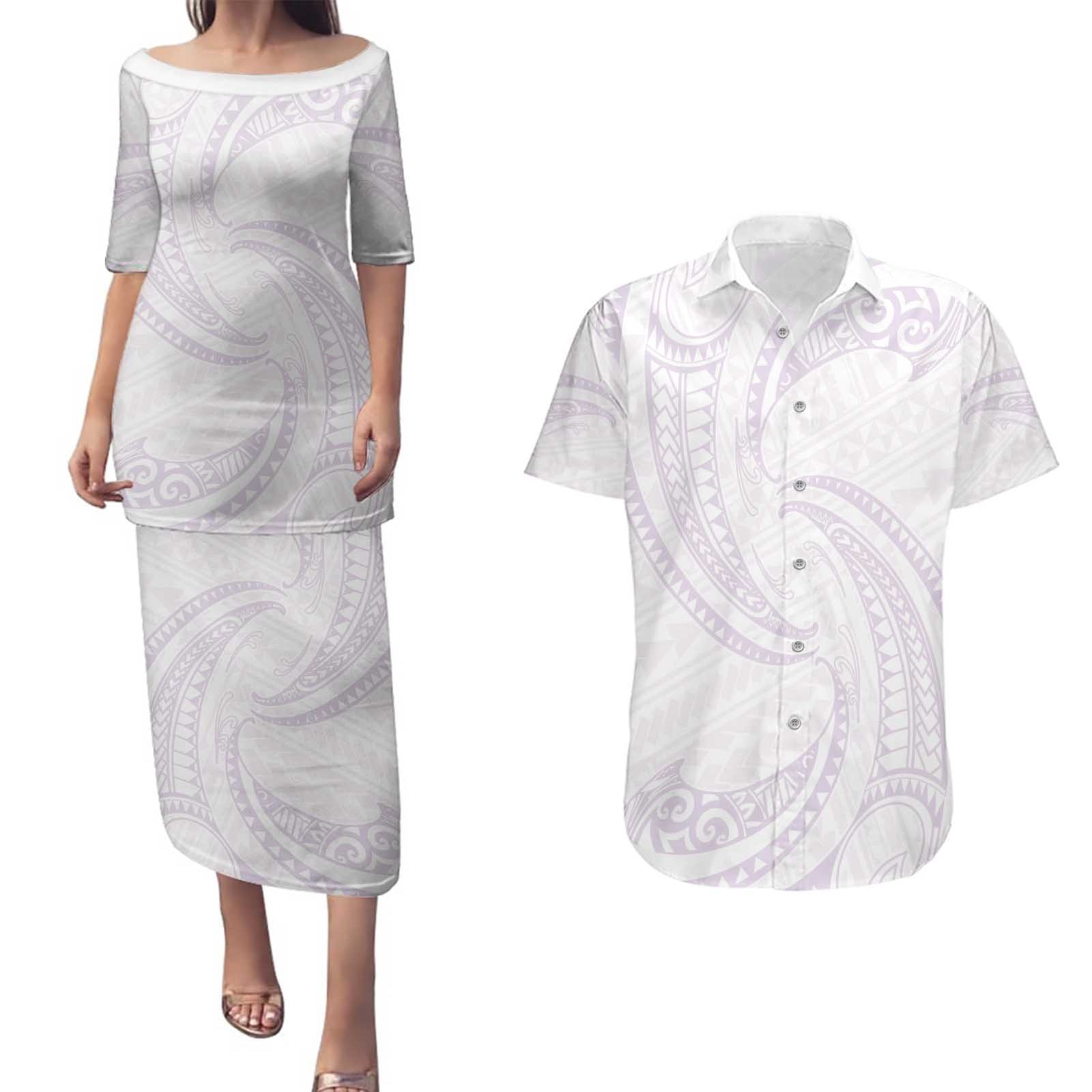 White Sunday Lotu Tamaiti Couples Matching Puletasi and Hawaiian Shirt Polynesian Wave Pastel Mauve LT9 Mauve - Polynesian Pride