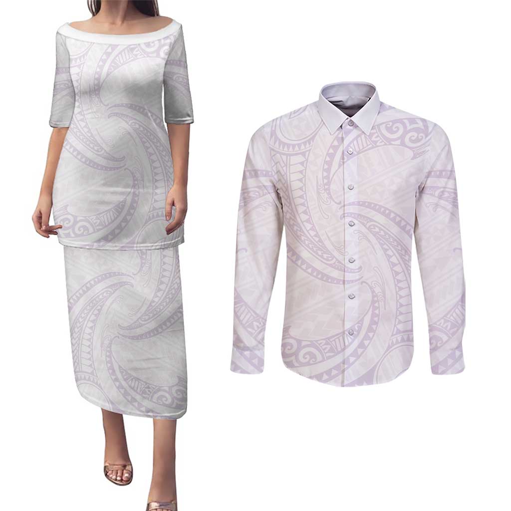 White Sunday Lotu Tamaiti Couples Matching Puletasi and Long Sleeve Button Shirt Polynesian Wave Pastel Mauve - Polynesian Pride