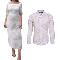 White Sunday Lotu Tamaiti Couples Matching Puletasi and Long Sleeve Button Shirt Polynesian Wave Pastel Mauve - Polynesian Pride