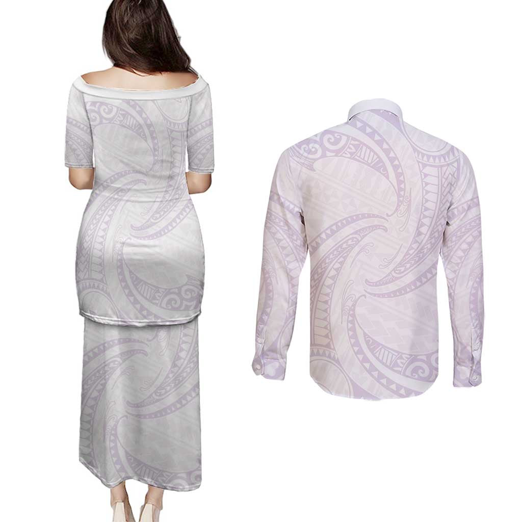White Sunday Lotu Tamaiti Couples Matching Puletasi and Long Sleeve Button Shirt Polynesian Wave Pastel Mauve - Polynesian Pride
