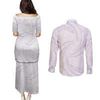 White Sunday Lotu Tamaiti Couples Matching Puletasi and Long Sleeve Button Shirt Polynesian Wave Pastel Mauve - Polynesian Pride