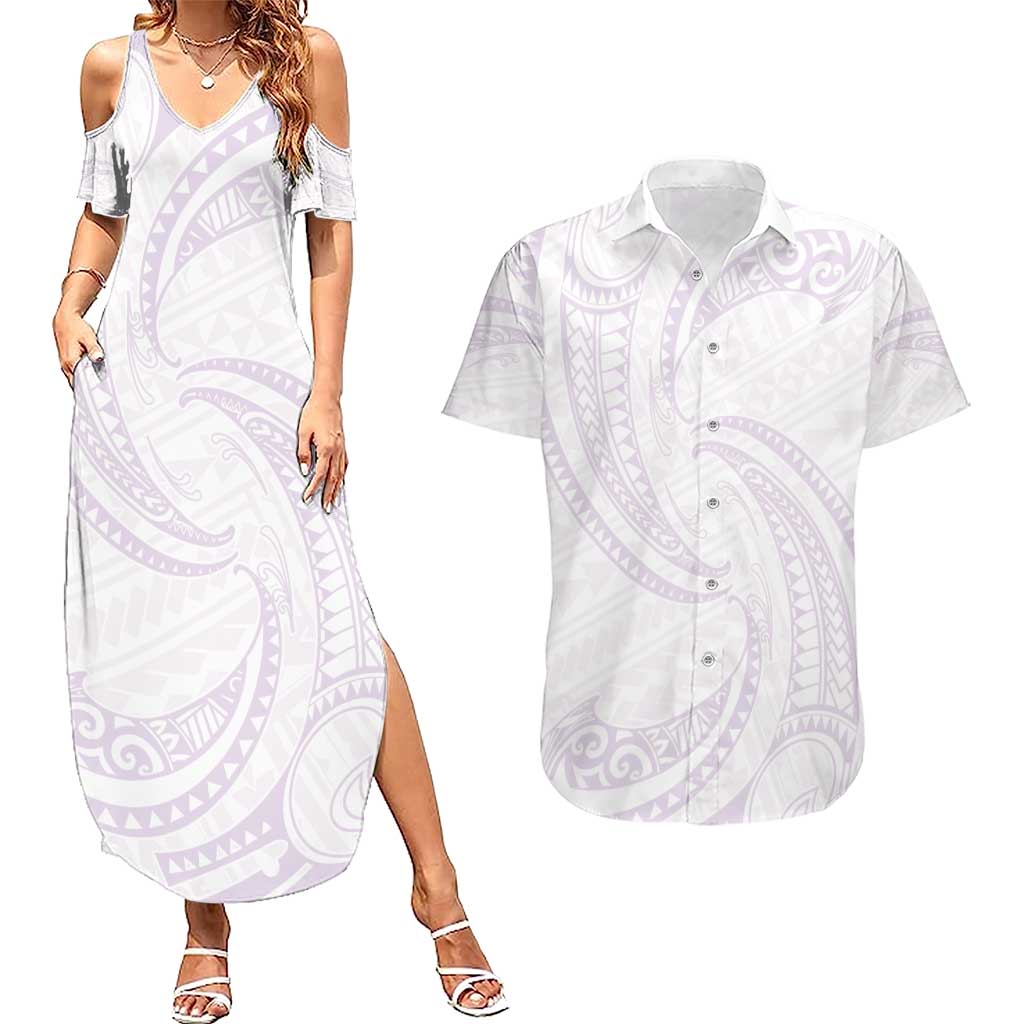 White Sunday Lotu Tamaiti Couples Matching Summer Maxi Dress and Hawaiian Shirt Polynesian Wave Pastel Mauve - Polynesian Pride