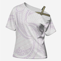 White Sunday Lotu Tamaiti Cross Shoulder Shirt Polynesian Wave Pastel Mauve - Polynesian Pride