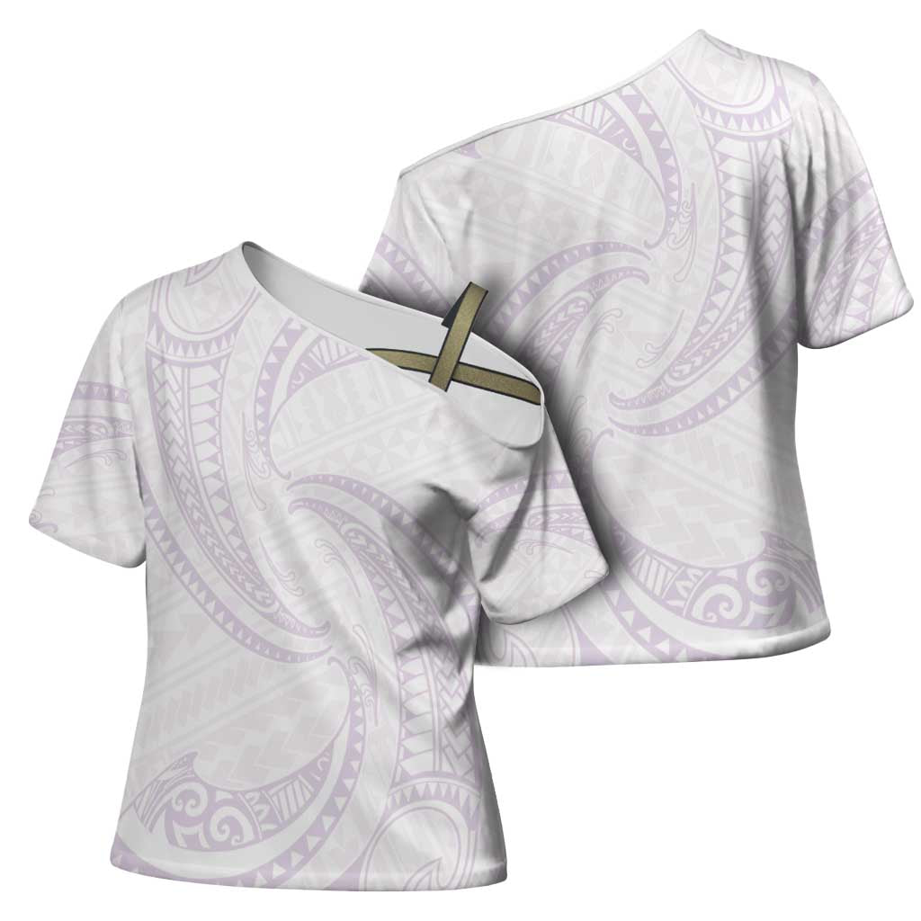 White Sunday Lotu Tamaiti Cross Shoulder Shirt Polynesian Wave Pastel Mauve - Polynesian Pride