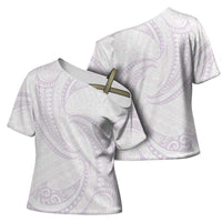 White Sunday Lotu Tamaiti Cross Shoulder Shirt Polynesian Wave Pastel Mauve - Polynesian Pride