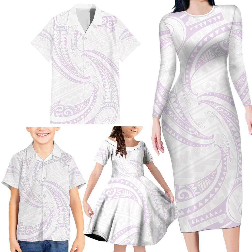 White Sunday Lotu Tamaiti Family Matching Long Sleeve Bodycon Dress and Hawaiian Shirt Polynesian Wave Pastel Mauve - Polynesian Pride