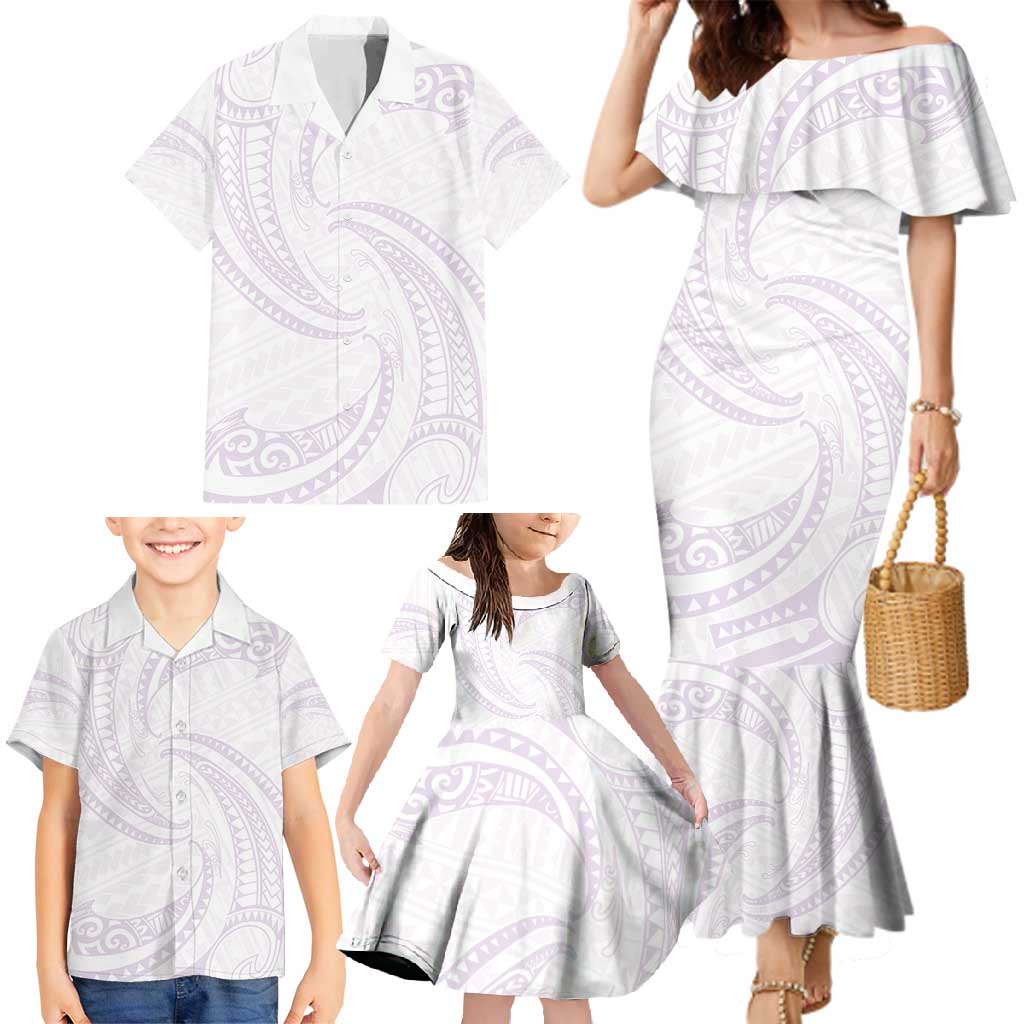 White Sunday Lotu Tamaiti Family Matching Mermaid Dress and Hawaiian Shirt Polynesian Wave Pastel Mauve - Polynesian Pride