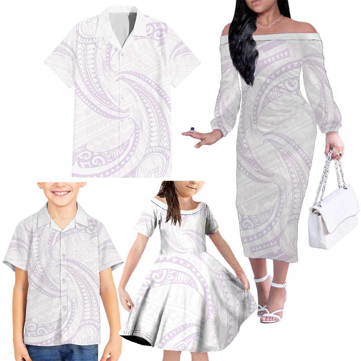 White Sunday Lotu Tamaiti Family Matching Off The Shoulder Long Sleeve Dress and Hawaiian Shirt Polynesian Wave Pastel Mauve - Polynesian Pride
