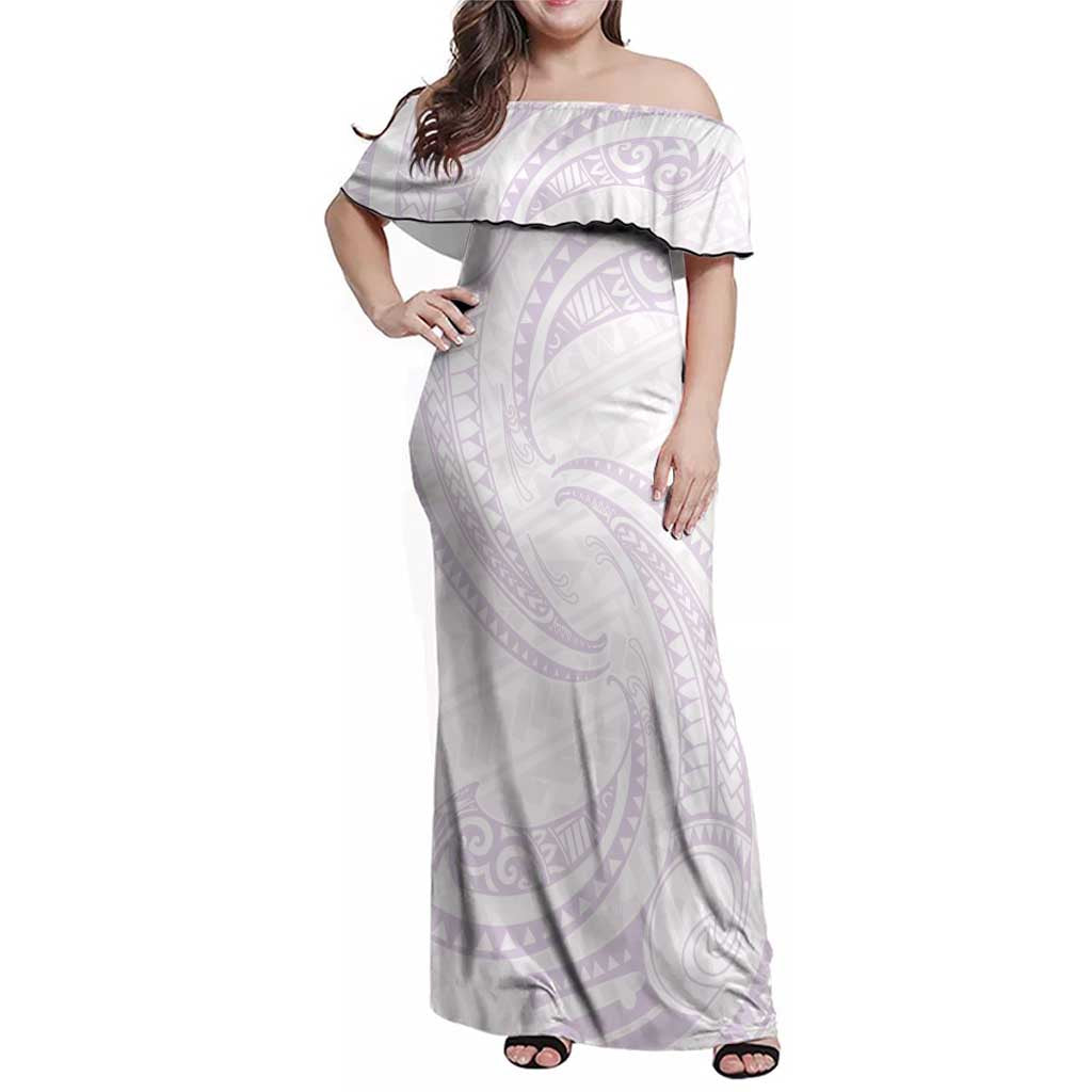 White Sunday Lotu Tamaiti Family Matching Off Shoulder Maxi Dress and Hawaiian Shirt Polynesian Wave Pastel Mauve - Polynesian Pride