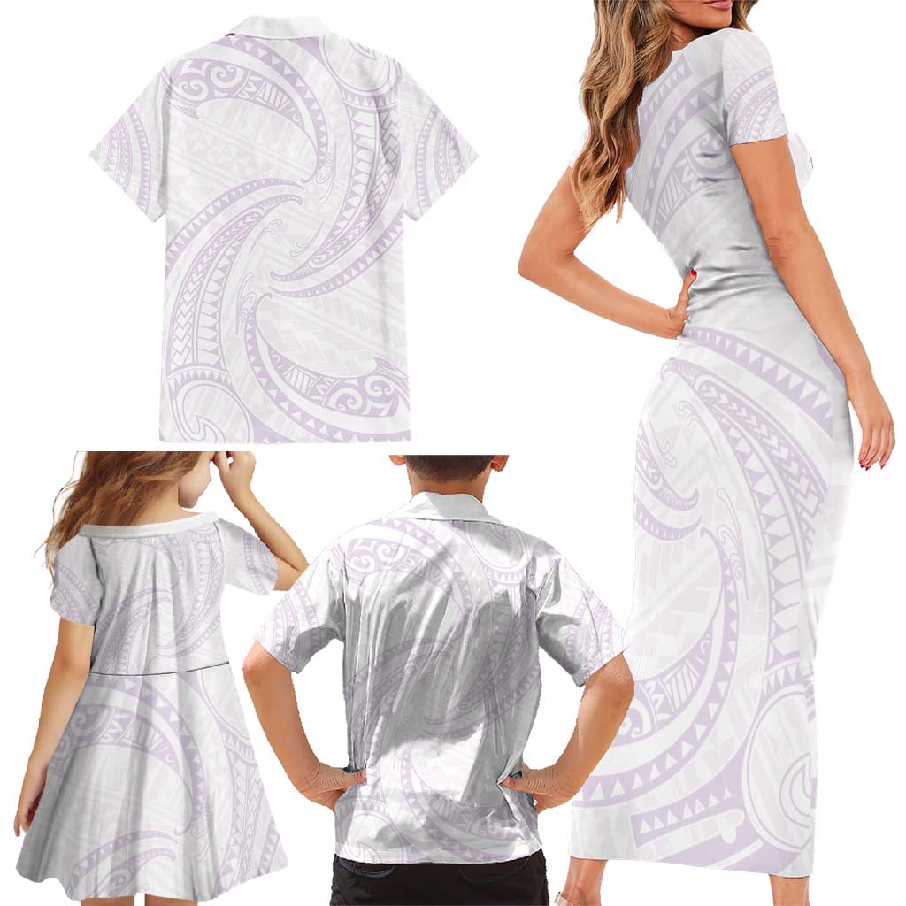 White Sunday Lotu Tamaiti Family Matching Short Sleeve Bodycon Dress and Hawaiian Shirt Polynesian Wave Pastel Mauve - Polynesian Pride