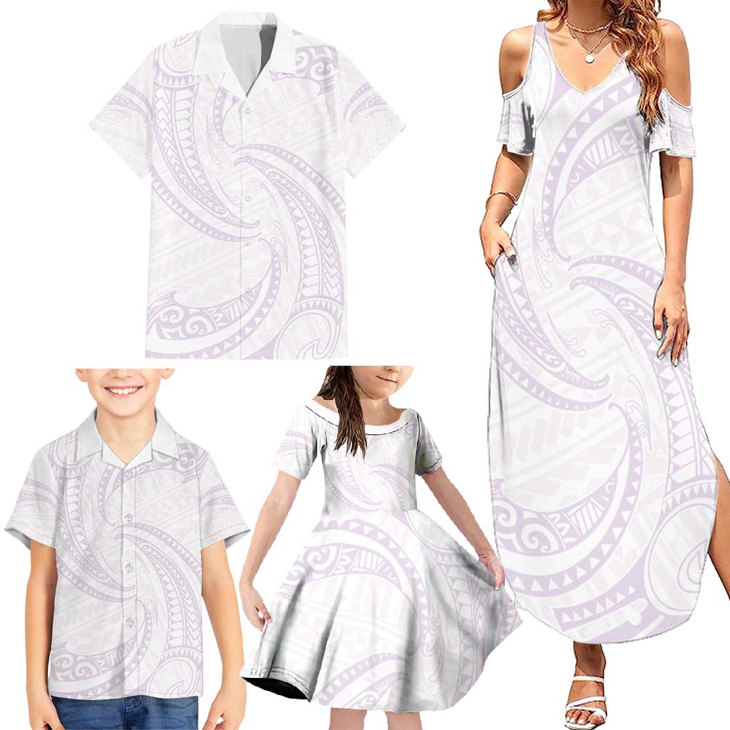 White Sunday Lotu Tamaiti Family Matching Summer Maxi Dress and Hawaiian Shirt Polynesian Wave Pastel Mauve - Polynesian Pride