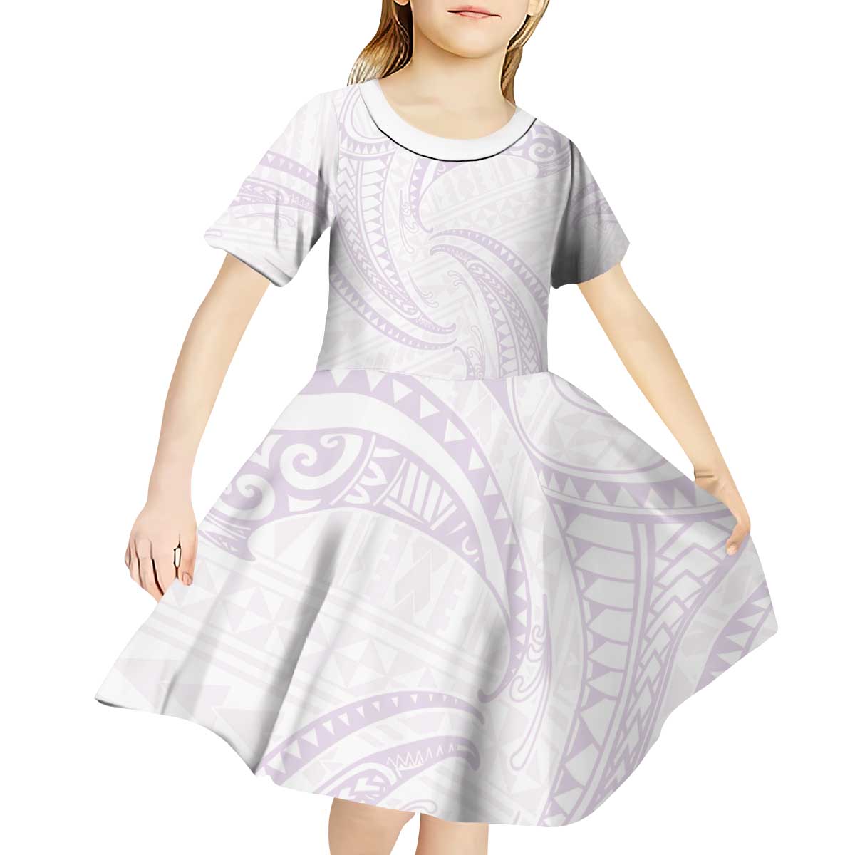 White Sunday Lotu Tamaiti Kid Short Sleeve Dress Polynesian Wave Pastel Mauve - Polynesian Pride