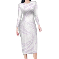 White Sunday Lotu Tamaiti Long Sleeve Bodycon Dress Polynesian Wave Pastel Mauve - Polynesian Pride