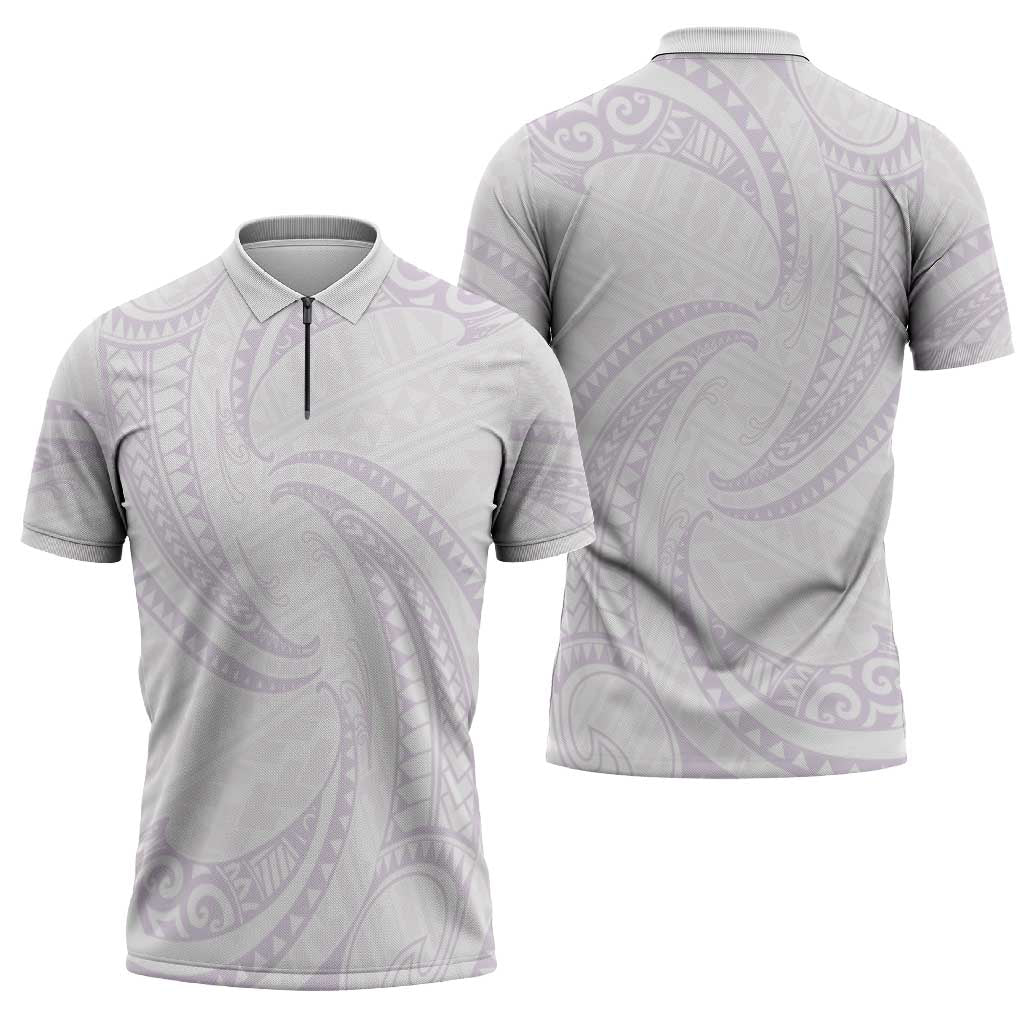 White Sunday Lotu Tamaiti Zipper Polo Shirt Polynesian Wave Pastel Mauve - Polynesian Pride