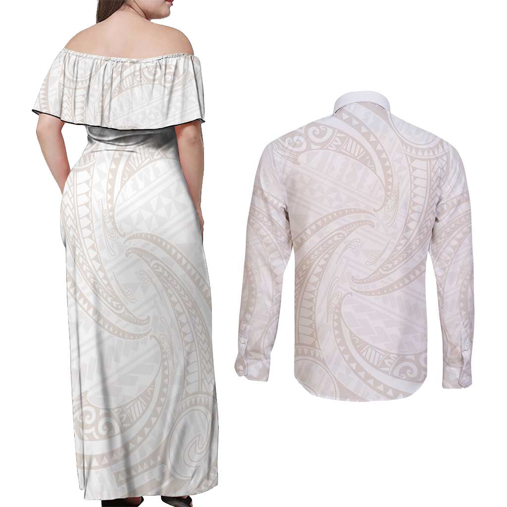 White Sunday Lotu Tamaiti Couples Matching Off Shoulder Maxi Dress and Long Sleeve Button Shirt Polynesian Wave Pastel Nude - Polynesian Pride