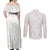 White Sunday Lotu Tamaiti Couples Matching Off Shoulder Maxi Dress and Long Sleeve Button Shirt Polynesian Wave Pastel Nude - Polynesian Pride