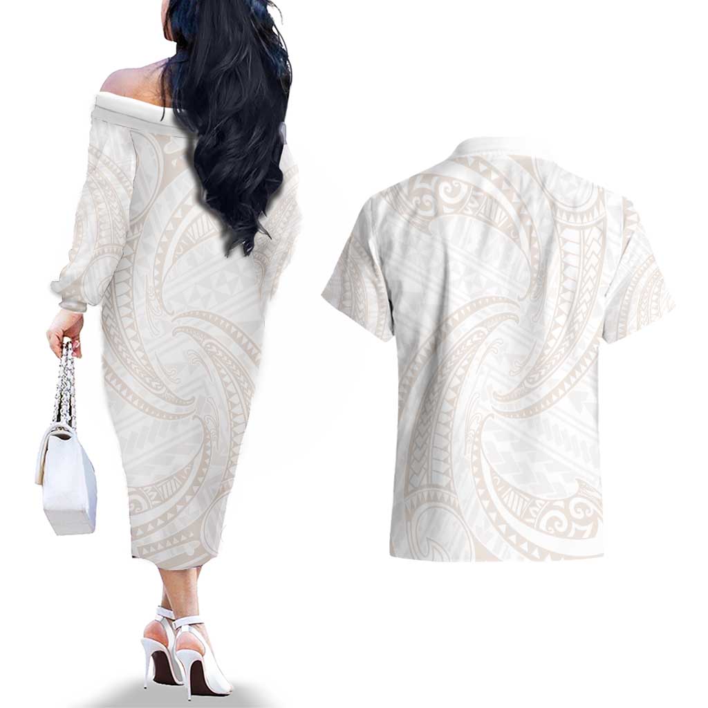 White Sunday Lotu Tamaiti Couples Matching Off The Shoulder Long Sleeve Dress and Hawaiian Shirt Polynesian Wave Pastel Nude - Polynesian Pride