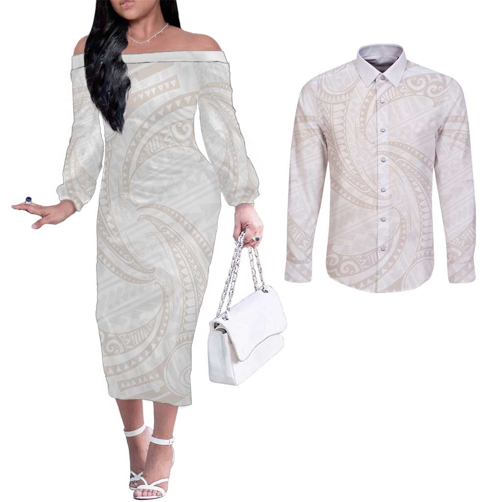 White Sunday Lotu Tamaiti Couples Matching Off The Shoulder Long Sleeve Dress and Long Sleeve Button Shirt Polynesian Wave Pastel Nude - Polynesian Pride