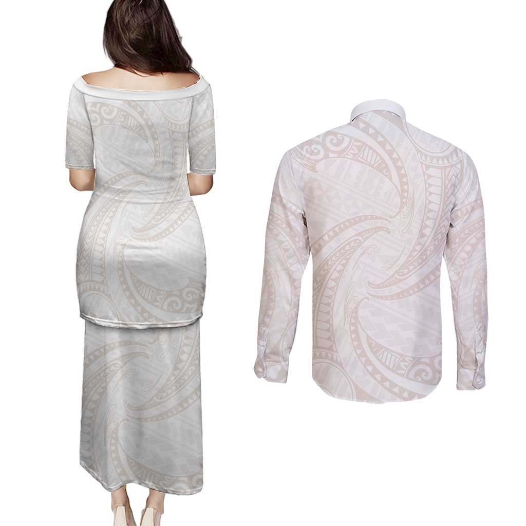 White Sunday Lotu Tamaiti Couples Matching Puletasi and Long Sleeve Button Shirt Polynesian Wave Pastel Nude - Polynesian Pride