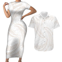White Sunday Lotu Tamaiti Couples Matching Short Sleeve Bodycon Dress and Hawaiian Shirt Polynesian Wave Pastel Nude - Polynesian Pride