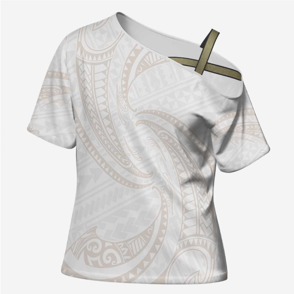 White Sunday Lotu Tamaiti Cross Shoulder Shirt Polynesian Wave Pastel Nude - Polynesian Pride
