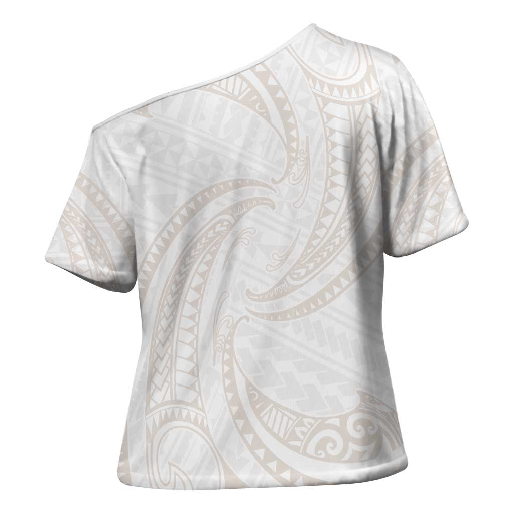 White Sunday Lotu Tamaiti Cross Shoulder Shirt Polynesian Wave Pastel Nude - Polynesian Pride