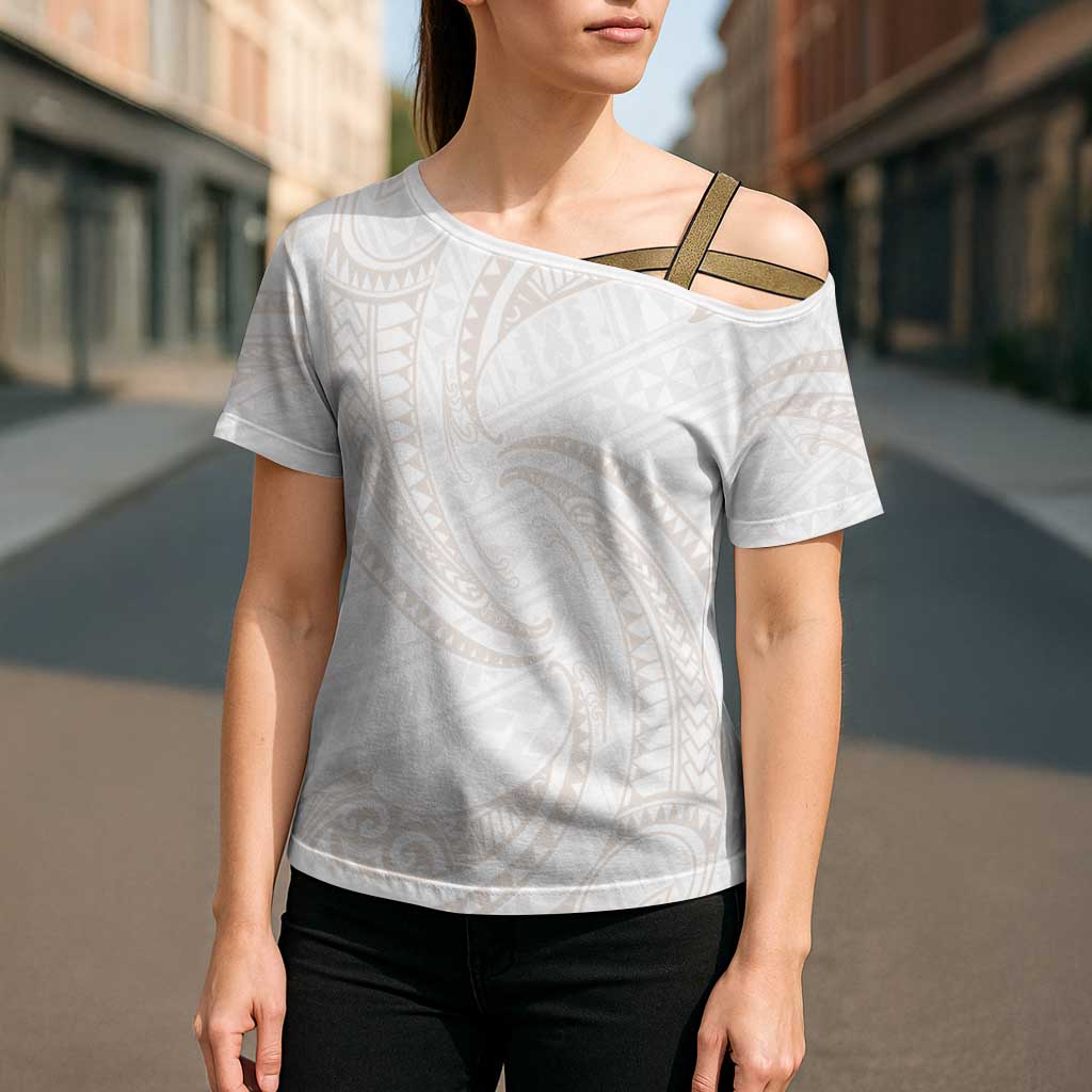 White Sunday Lotu Tamaiti Cross Shoulder Shirt Polynesian Wave Pastel Nude - Polynesian Pride