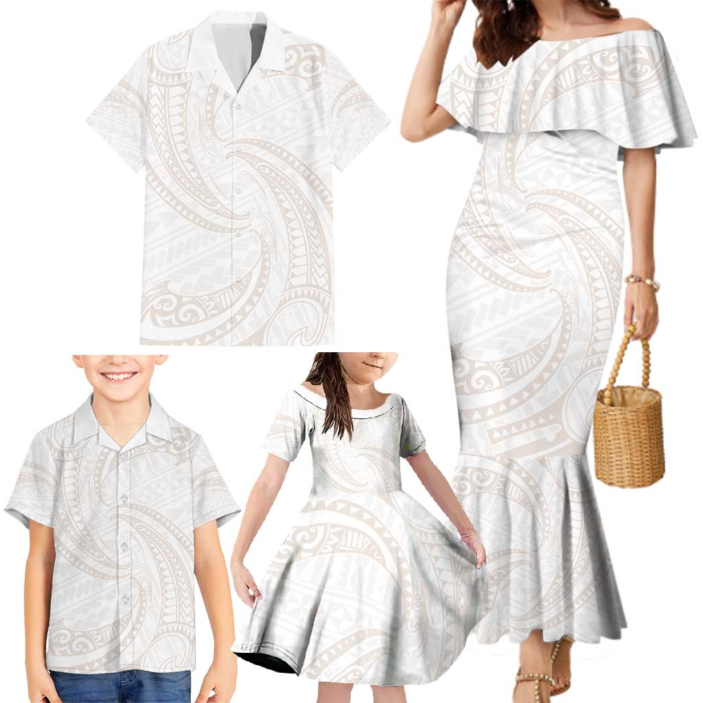 White Sunday Lotu Tamaiti Family Matching Mermaid Dress and Hawaiian Shirt Polynesian Wave Pastel Nude - Polynesian Pride